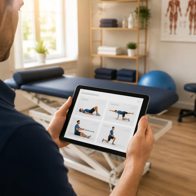 Physiotherapeutin mit Tablet in der Praxis