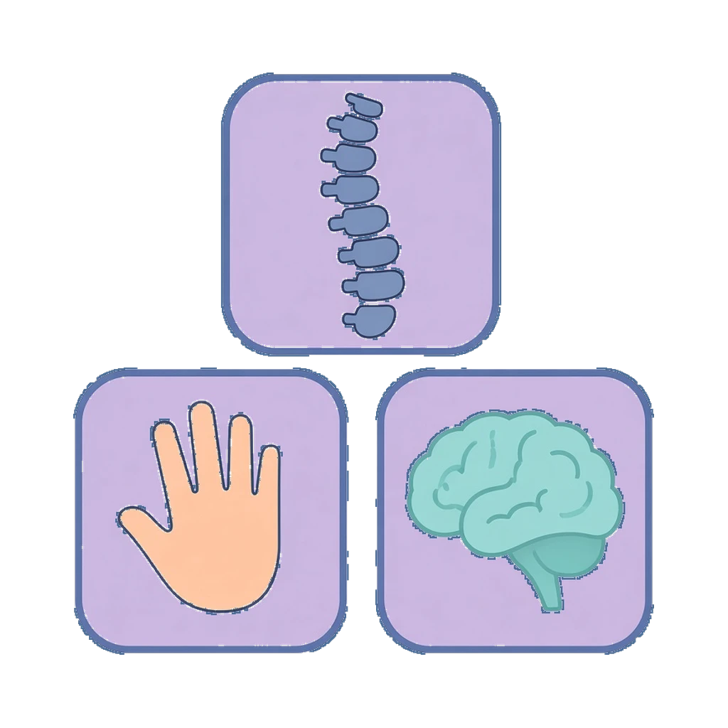 Grafik: drei Fach-Symbole Hand, Wirbelsäule und Gehirn
