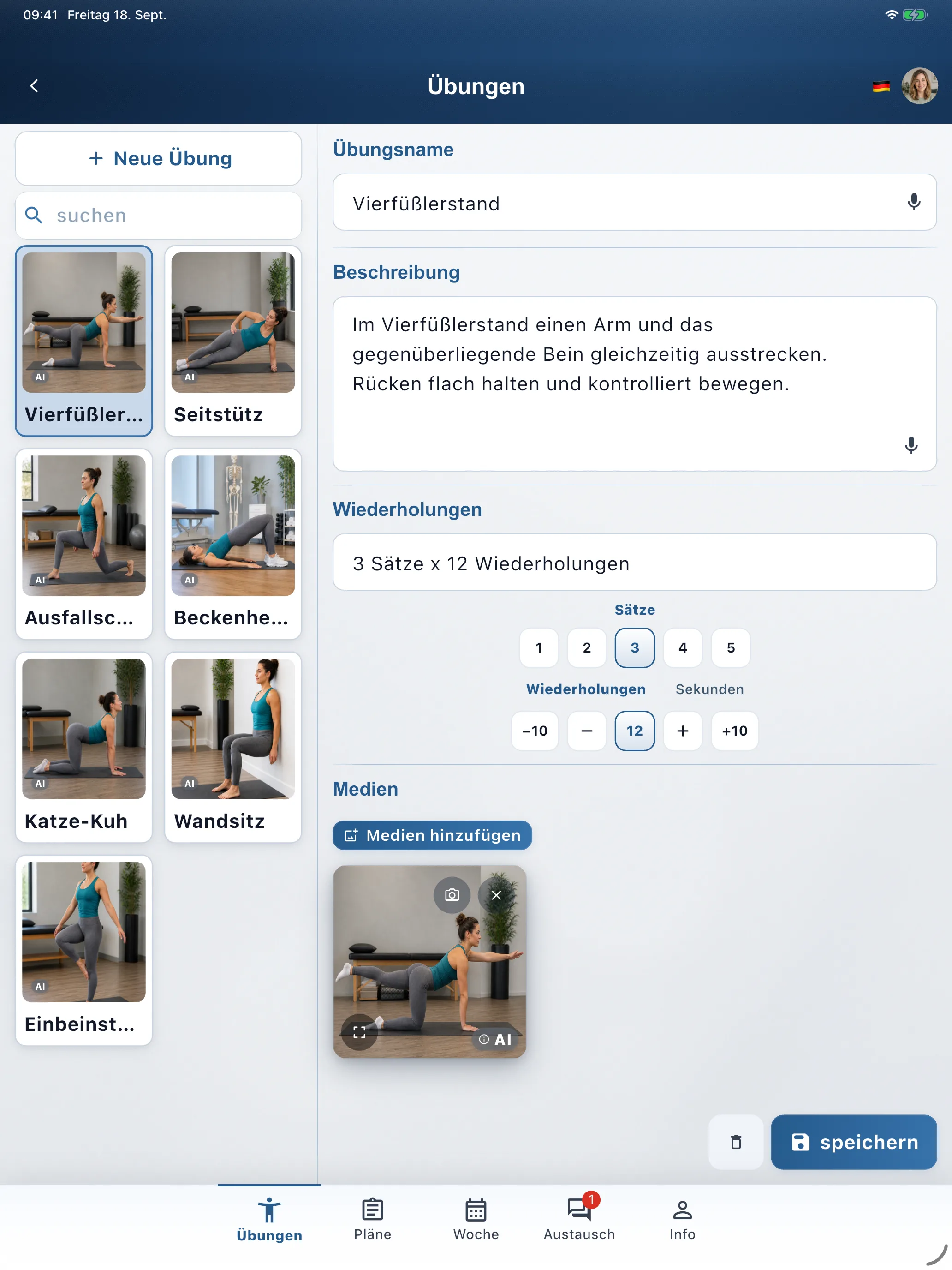 Clinic app: exercise editor with sets, reps, and Add media