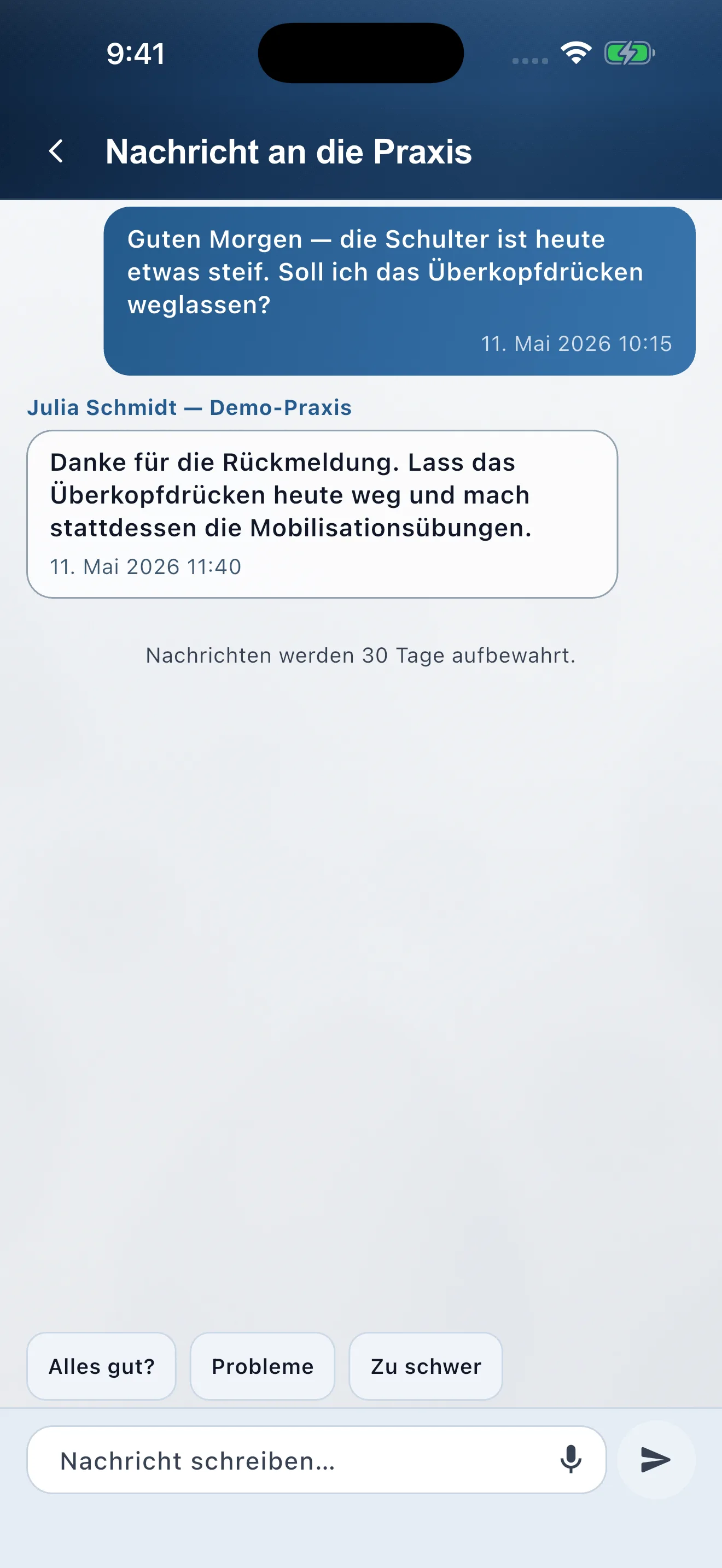 Patient app: message to the clinic — counterpart to Patient messaging under Exchange