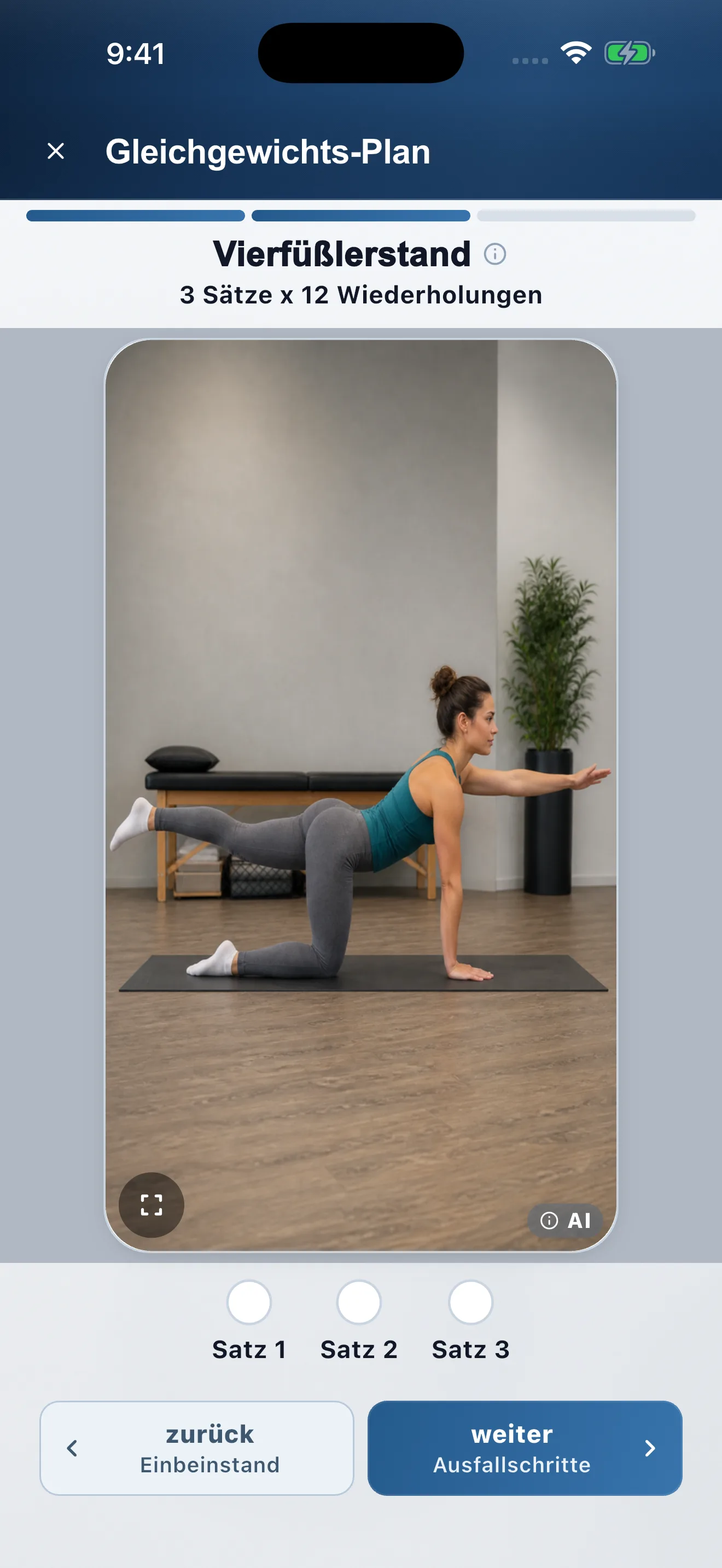 Patient app: guided exercise with 3 sets × 12 reps and Next