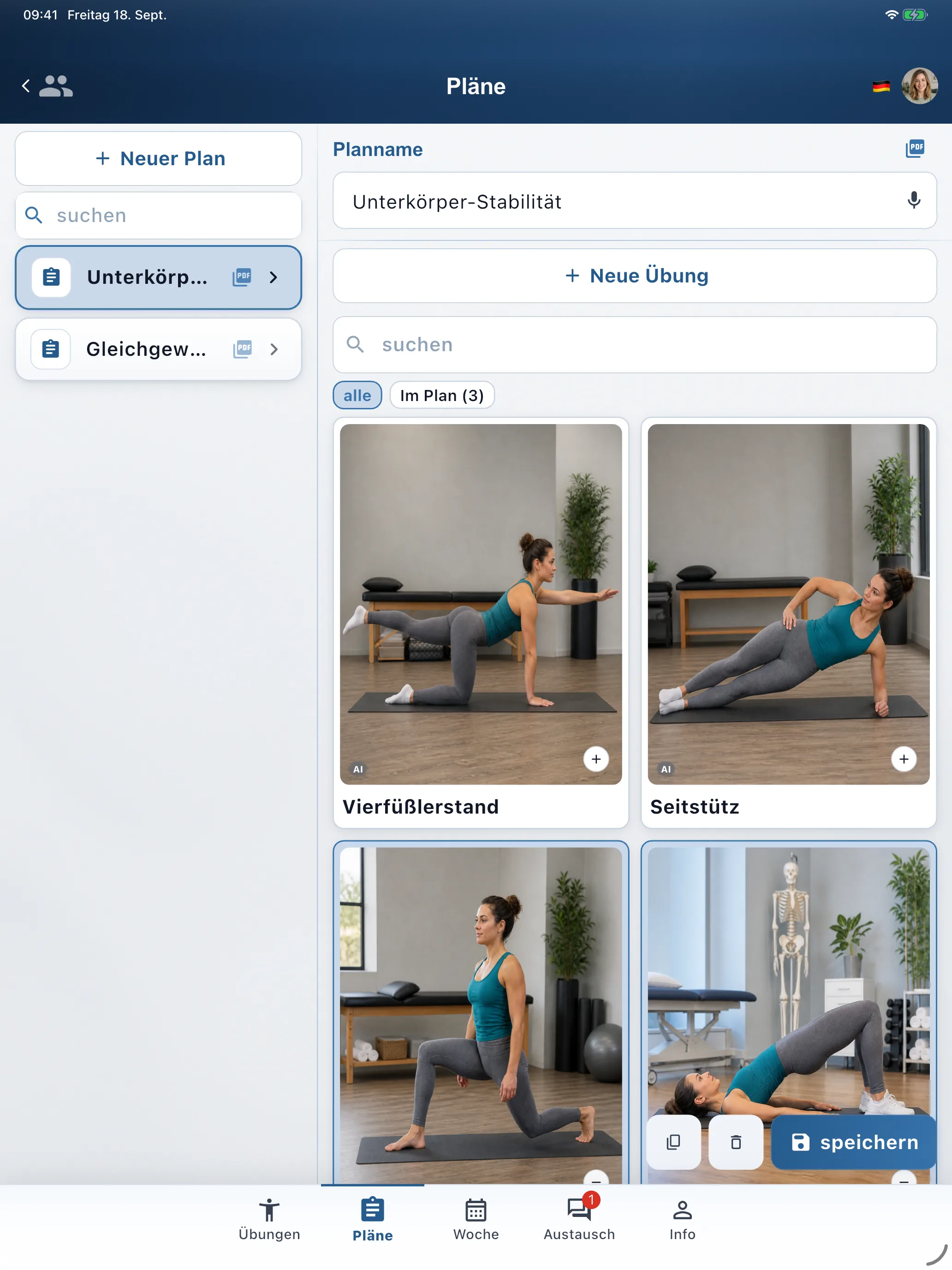 Clinic app: saved plans — these are what you drag onto weekdays under Week
