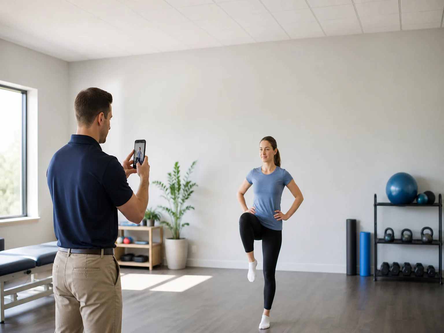 Therapeut filmt einen Patienten bei einer Übung mit dem Smartphone