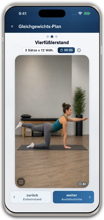 RehabPilot geführtes Workout in der Patienten-App auf dem Smartphone.