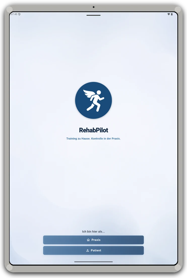 RehabPilot Startbildschirm auf dem Tablet