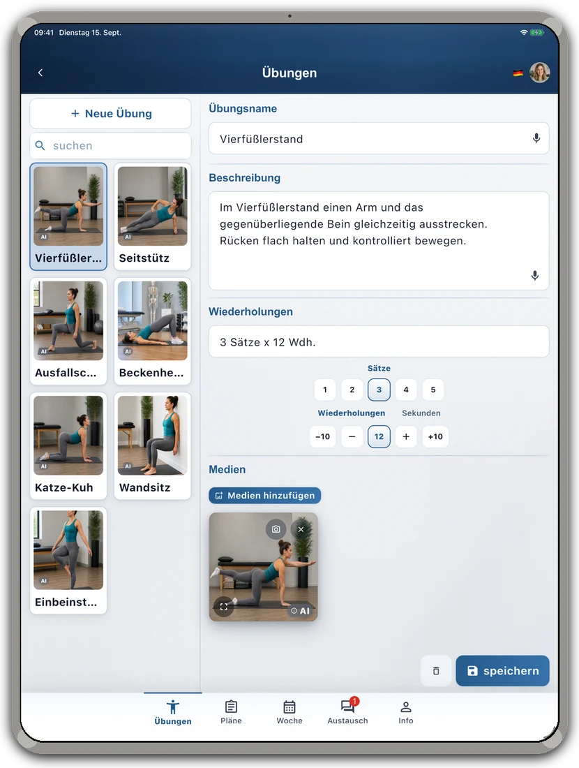 RehabPilot Übungsbibliothek mit Medien und Tags auf dem Tablet.