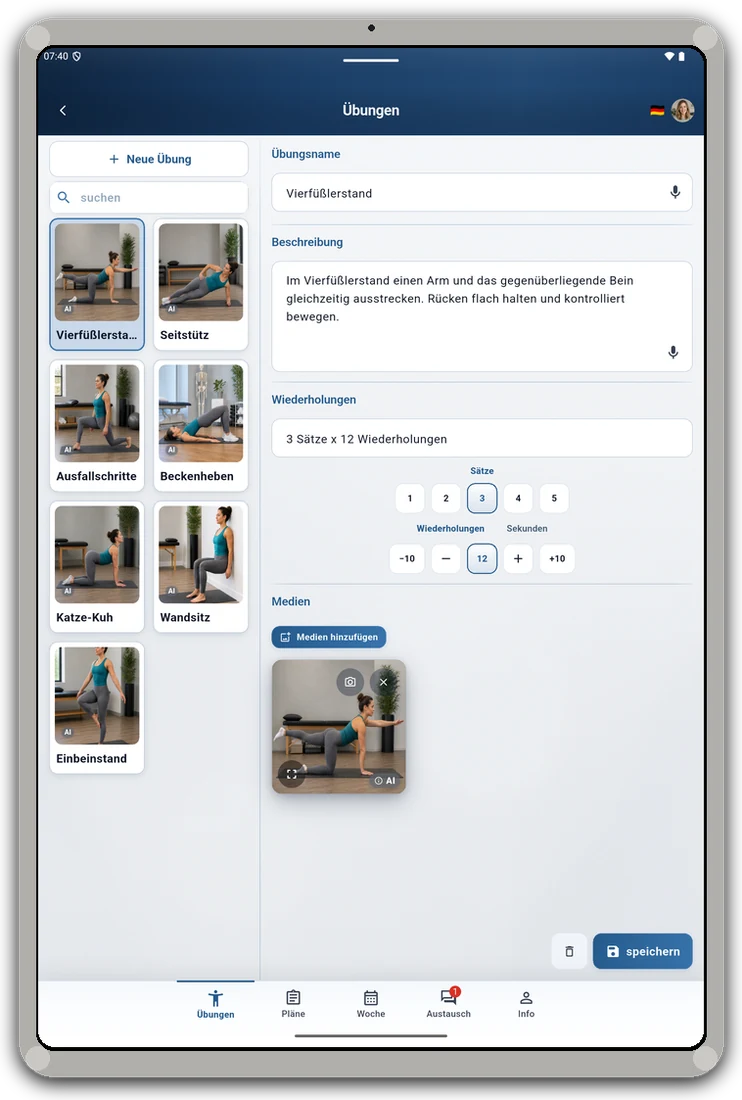 RehabPilot Übungsbibliothek mit Medien und Tags auf dem Tablet.