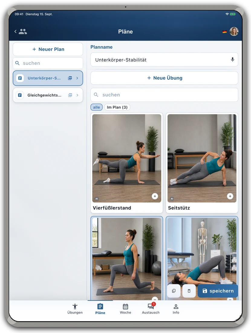 RehabPilot Plan-Builder auf dem Tablet.