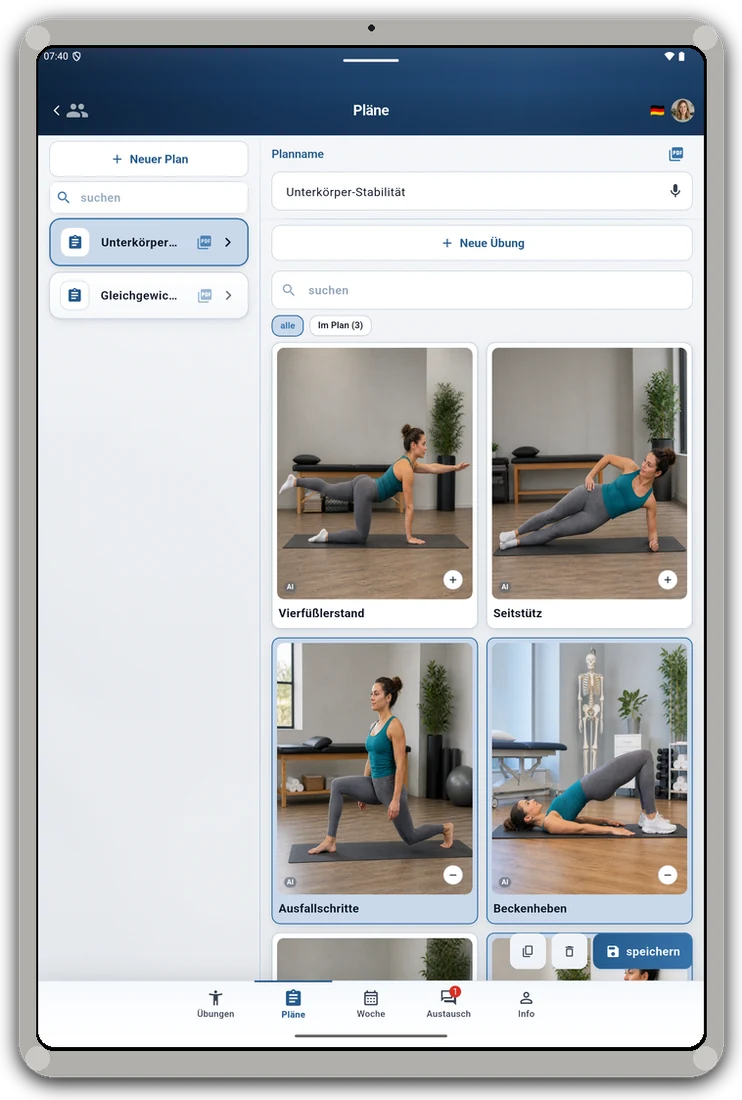 RehabPilot Plan-Builder auf dem Tablet.