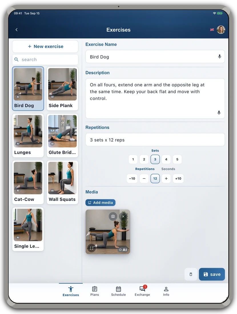 RehabPilot exercise library with media and tags on a tablet.