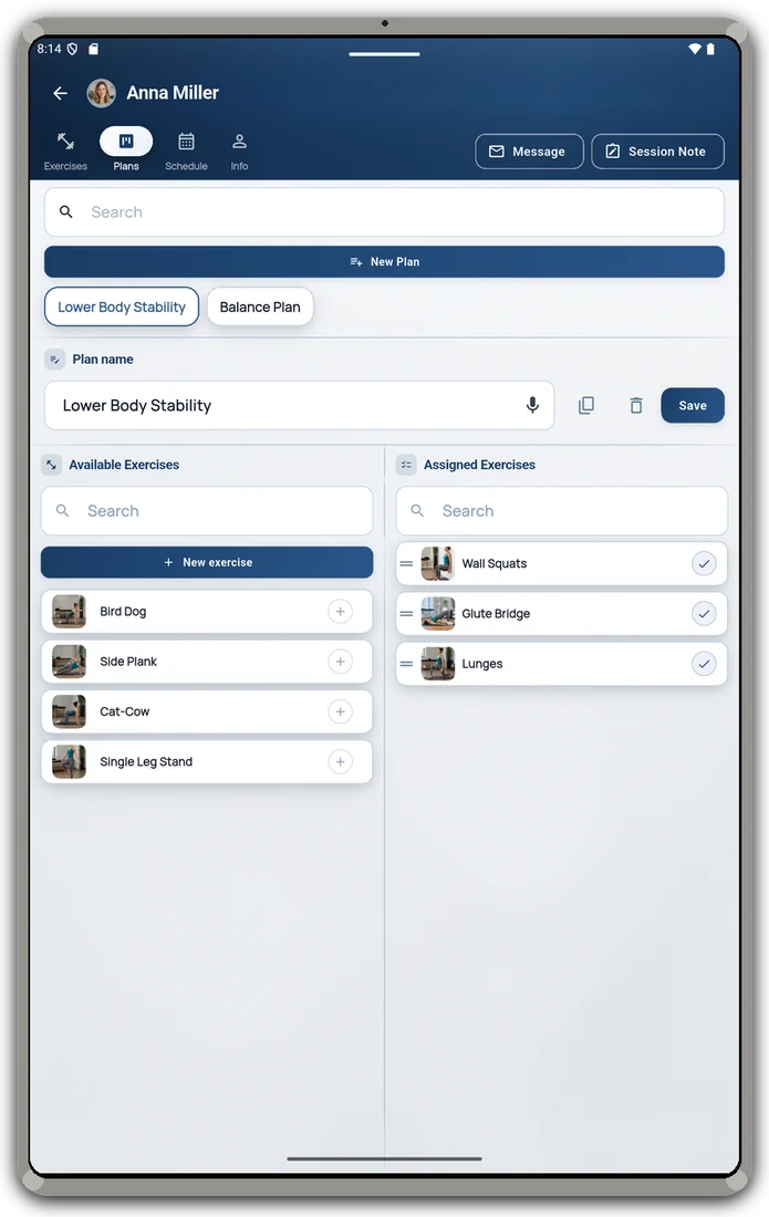 RehabPilot Plan-Builder auf dem Tablet.