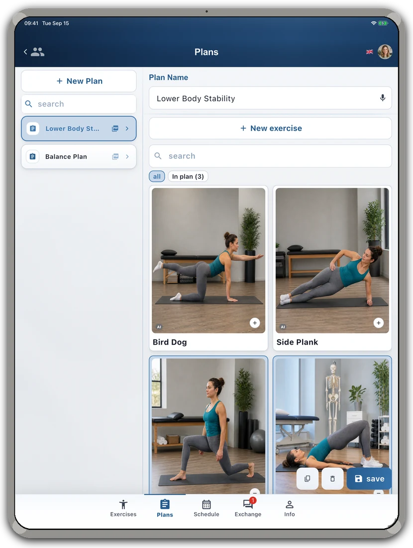 RehabPilot plan builder on a tablet.
